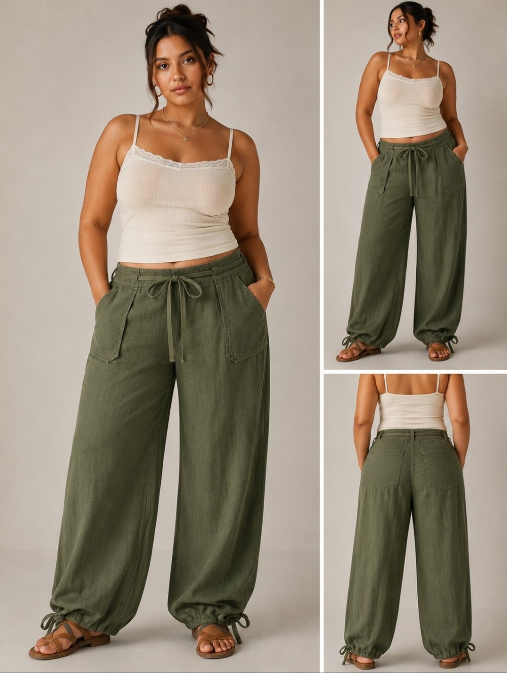Y2K Olive Green Linen Slouchy Wide-leg Pants Tie Cuff Women's Size XL Mid-rise